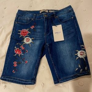 NWT Stretchy Embroidered Denim Bermuda Shorts